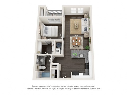 Floor plan for 1 bed, 1 bath, 1050 sqft